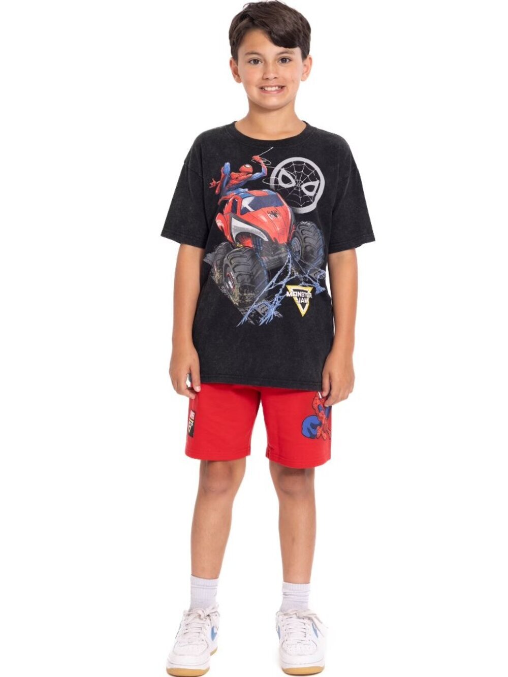 Marvel Monster Jam Boys 2 Piece Outfit Set Spider-Man Tee Shorts Large 10/12